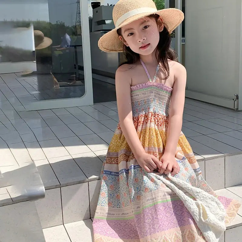 Little Girls Beach Floral Dress Summer Cozy Cotton Smocked Slip Dresses Children Boho Ethnic Style Skirt Toddler