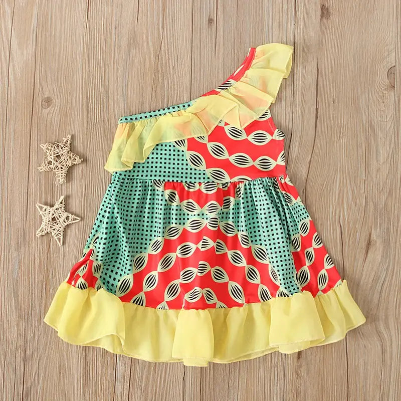 Bohemian Bliss Vibrant Curled Shoulder Summer Dress for Girls Boutique Wear for the Stylish Eco Mom