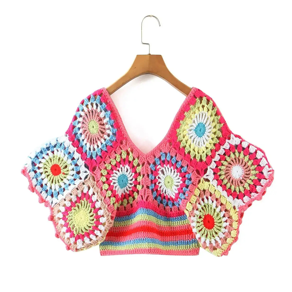 Boho Eco Boutique Women’s Handmade Multicolor Crochet Boho Blouse Sexy Hollow Out Batwing Sleeve Female Crop Top