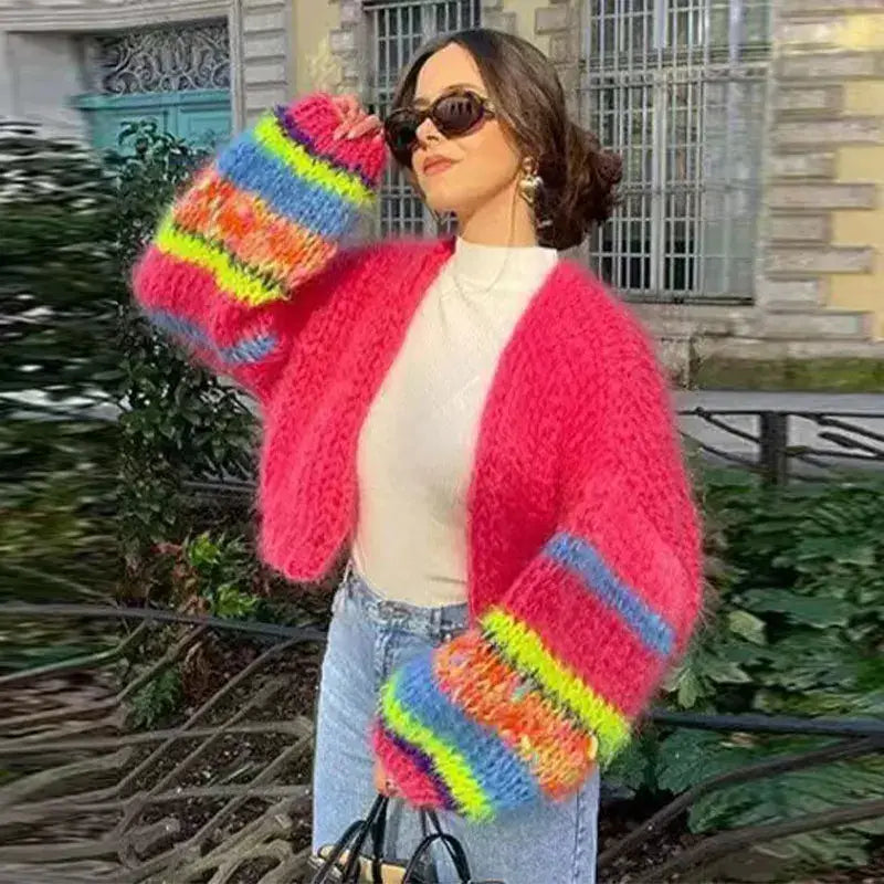 Boho Colorful Stripes Loose Cardigan Fashion Puff Long Sleeves Short Knitted Sweater Autumn Chic Lady Vacation Eco