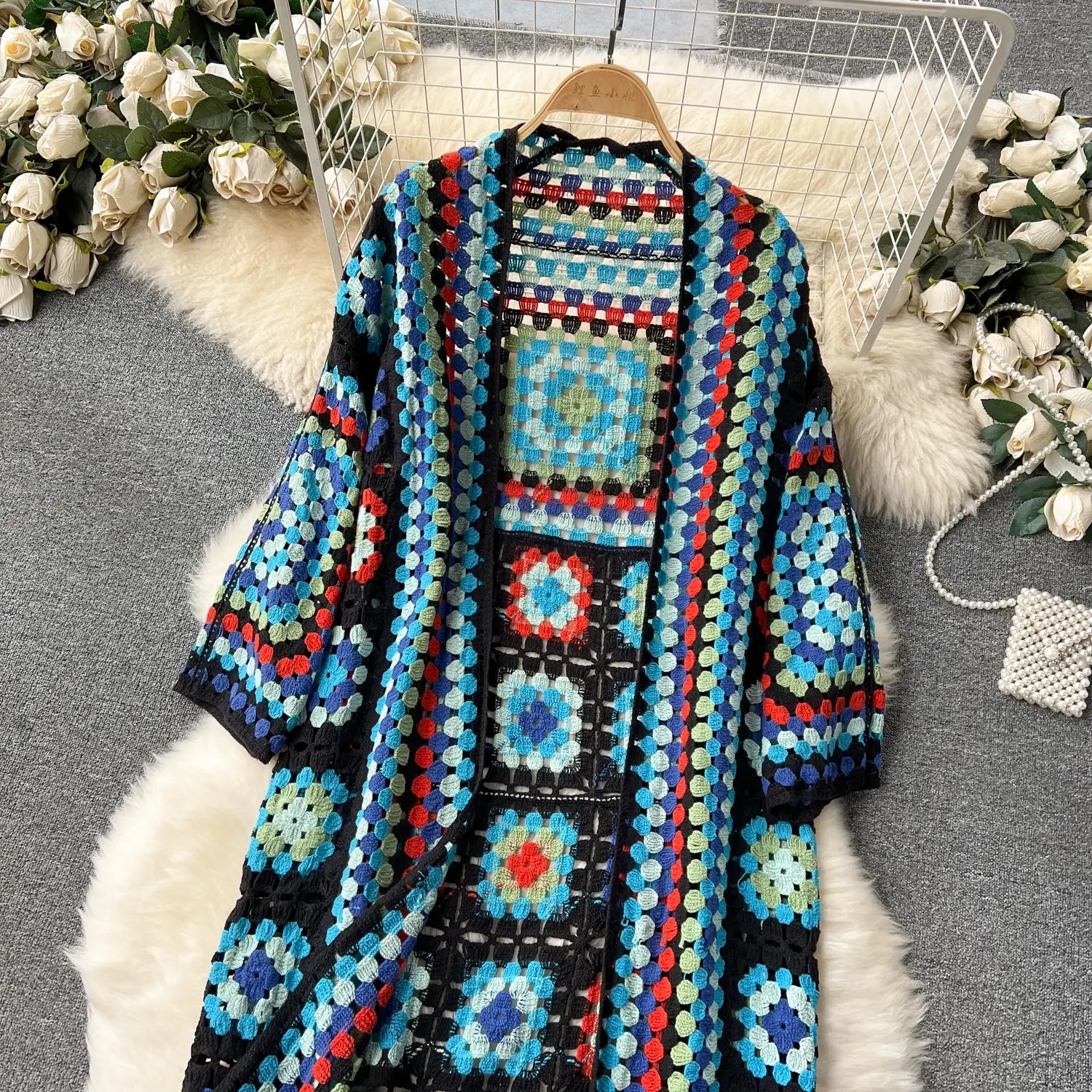 Boho Eco Knit Long Cardigan Elegant Long Sleeve Hook Hollow Out Design Retro Ladies Casual Sweater Open Front