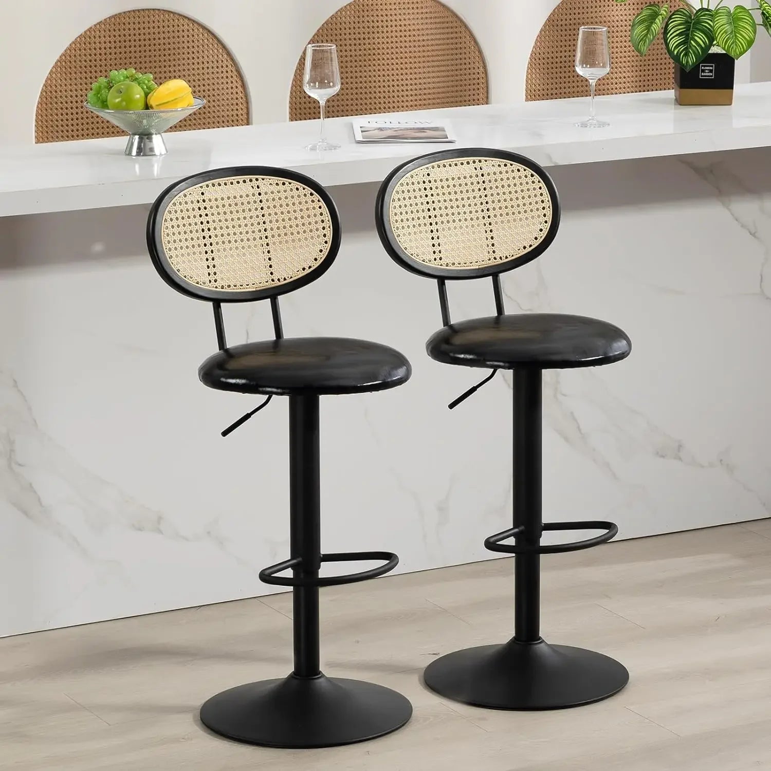 Set of 2 Modern Rattan Bar Stools – Natural Woven Swivel Seat with Adjustable Height, Cane Backrest, and Footrest for Kitchen Island, Home Bar