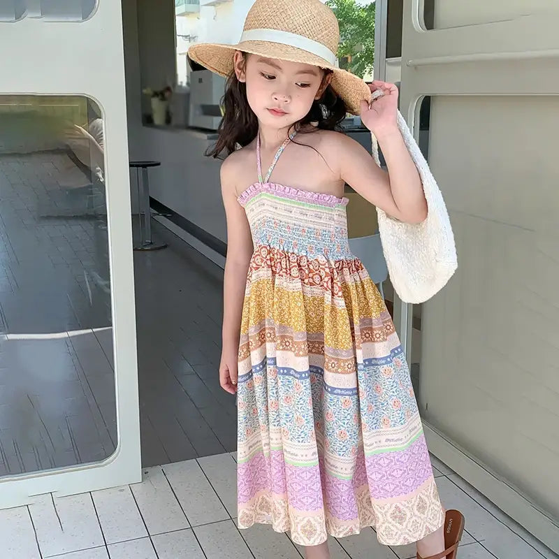 Little Girls Beach Floral Dress Summer Cozy Cotton Smocked Slip Dresses Children Boho Ethnic Style Skirt Toddler