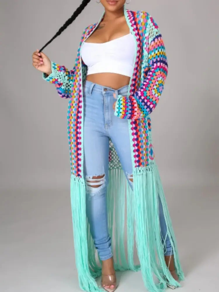 Women’s Cardigan Handmade Crochet Beach Cover Up Coat Loose and Irregular Tassel Shirt Tie Up Vibrant Colors