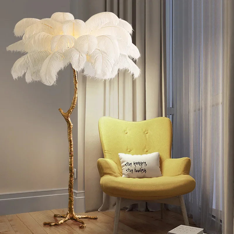 Nordic Modern Luxury LED Ostrich Feather Floor Lamp - Romantic Tree Branch Design for Bedroom, Princess Table Light, or Living Room Decor