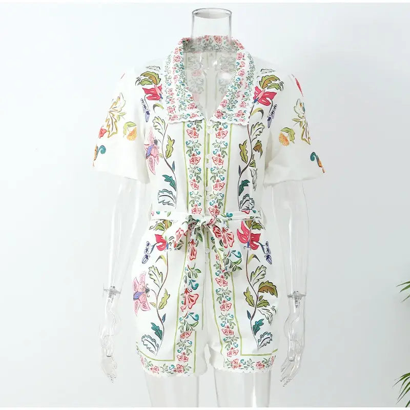 Women Fashion Printed Lace-up Jumpsuit Casual V-neck Puff Short Sleeve High-waist Romper 2024 Summer Lady Elegant