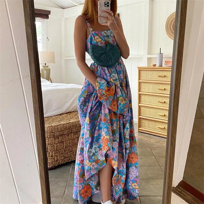 Summer Bohemian Floral Long Dress - Elegant Backless Strap Maxi Swing Beach Dress for Women