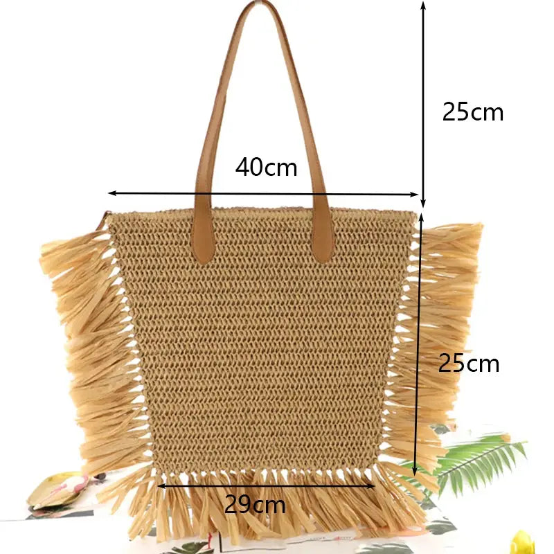 EcoChic Boho Tassel Tote Large Capacity Straw Shoulder Bag for Summer Adventures