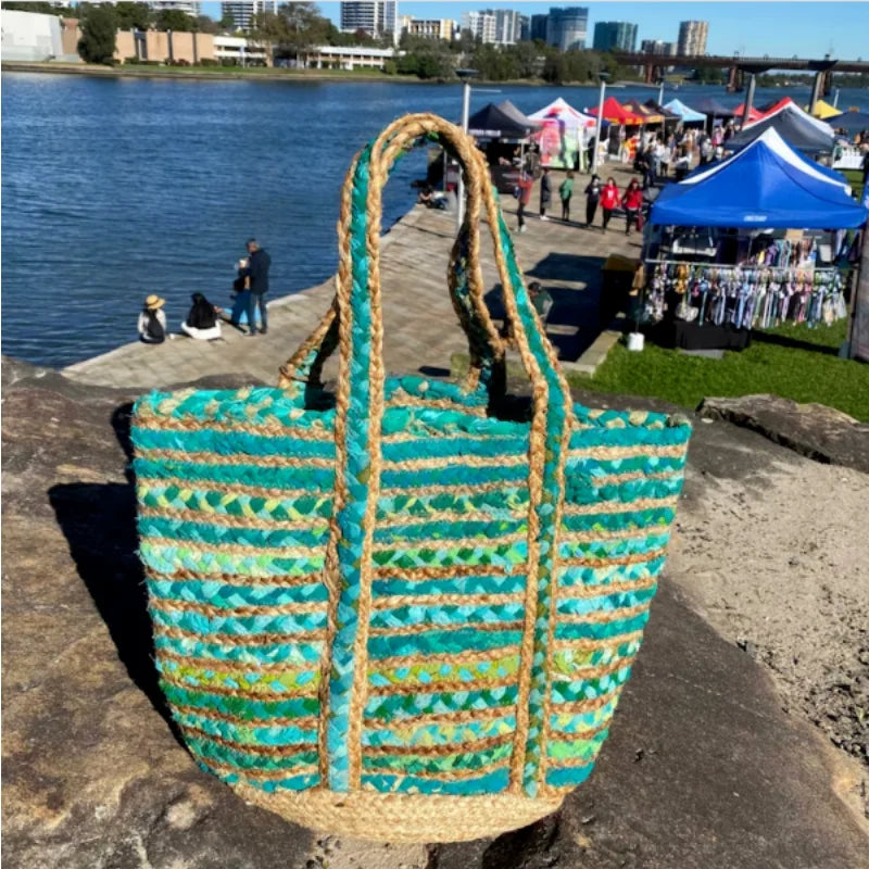 Boho Handmade Natural Jute Cotton Tote Bag – Versatile Shopping, Vacation, and Beach Handbag