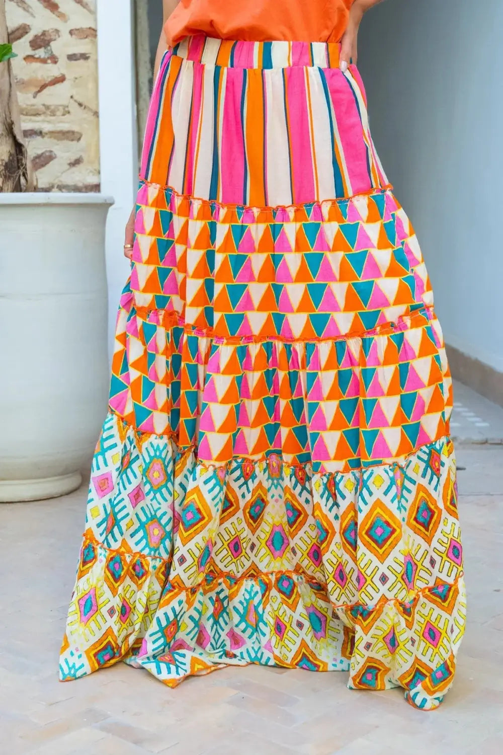 Printed Ruffles A-line Skirt Women Fashion Casual Bohemian Vacation Commuting Style Loose Long Skirts Trendy Female