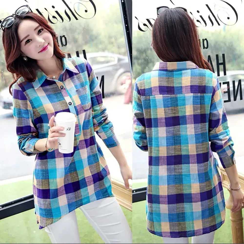 Women’s Shirt Tops Spring Summer Fashion Plaid V Neck Button Up Shirt Shirt Casual Loose Long Sleeve Pocket Versatile