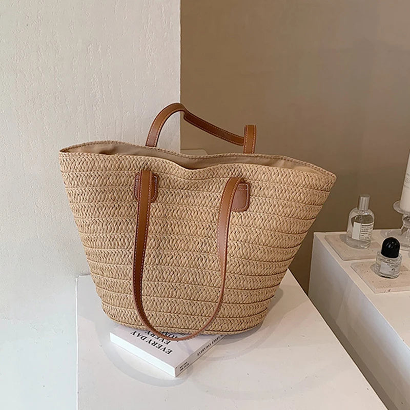 Women's Large Capacity Straw Woven Shoulder Bag - Fashionable Summer Basket Handbag, Luxury Designer Beach Bag & Bali Shopper Tote