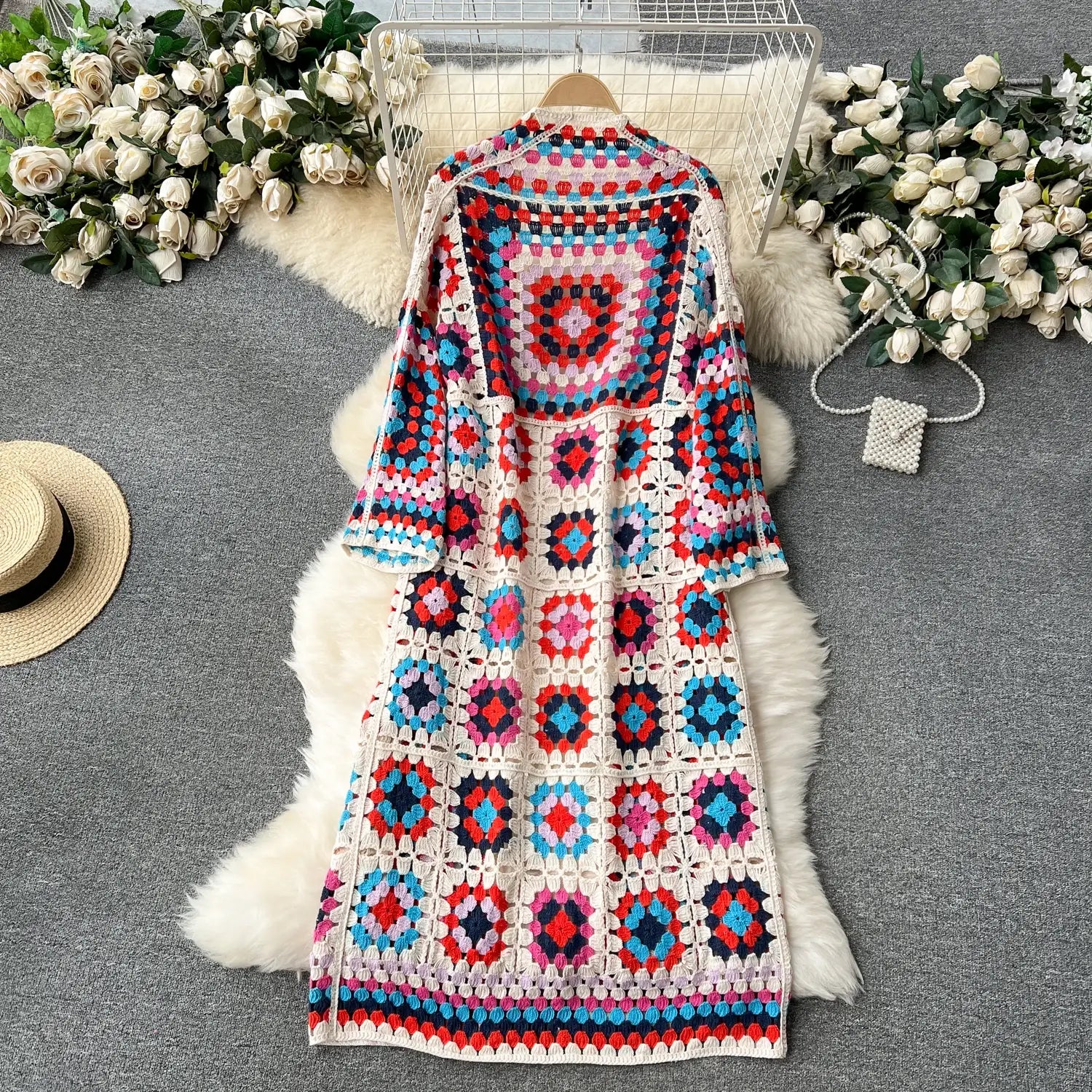 Boho Eco Knit Long Cardigan Elegant Long Sleeve Hook Hollow Out Design Retro Ladies Casual Sweater Open Front