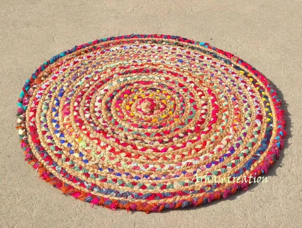 Handmade Braided Jute Floor Rug – Bohemian Indian Area Carpet for Home Décor