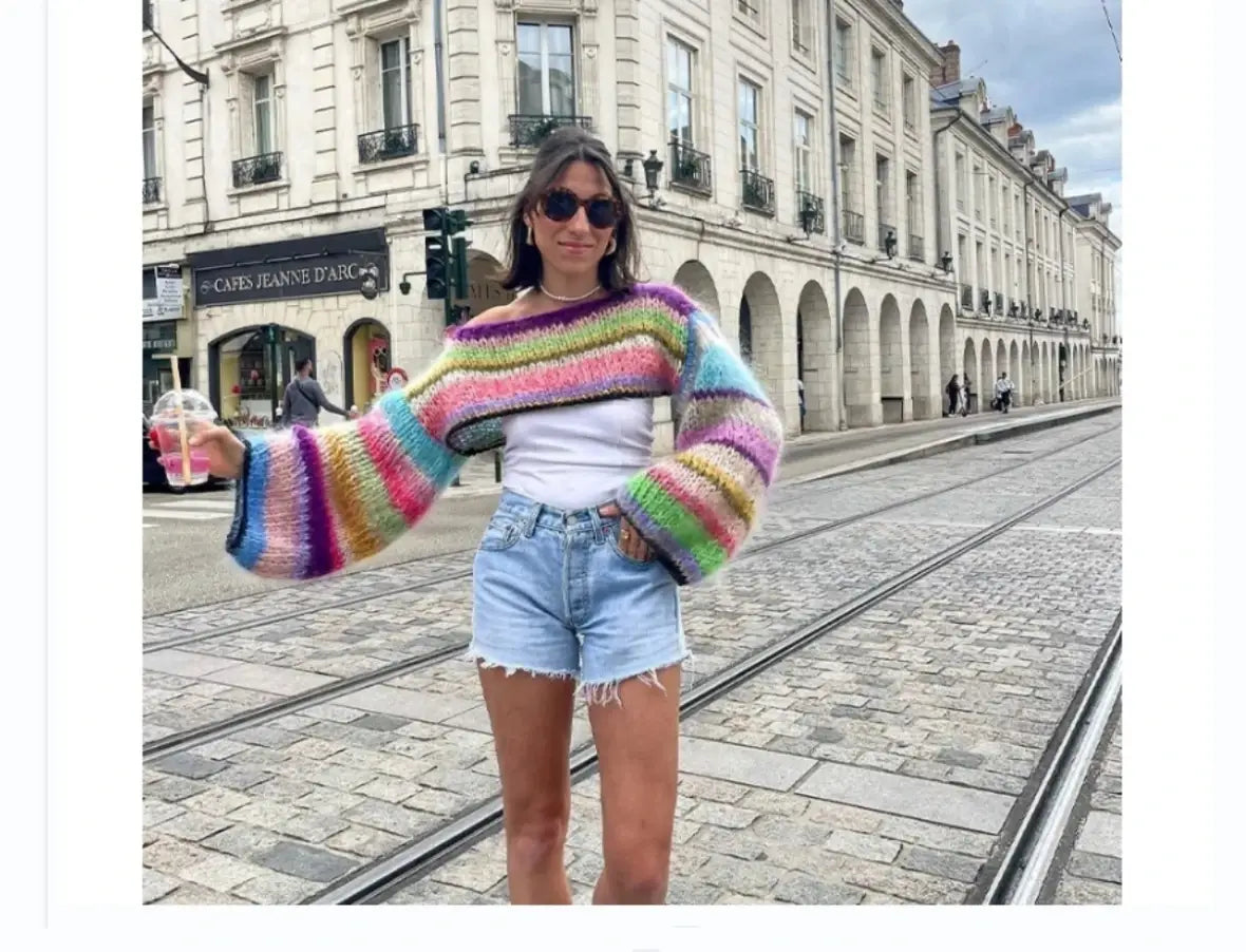 EcoBoho Vibrant Organic Stripe Knit Crop Sweater Autumn Boho Chic Essentials Casual O-Neck Long Lantern Sleeve Pullover