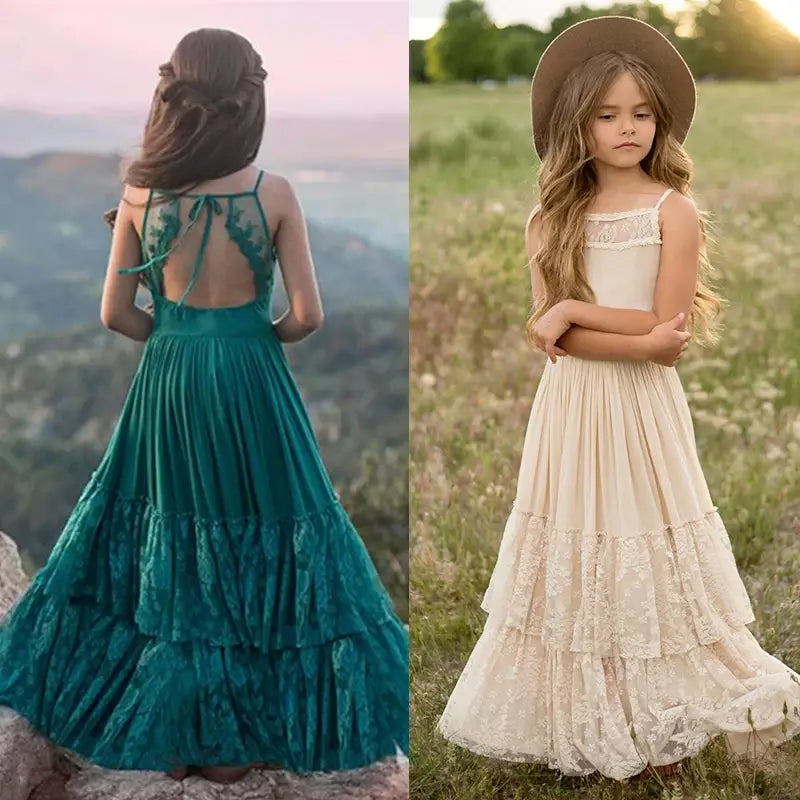 Summer New Girl Lace Floral Dress Kids Boho Short Sleeve Maxi Long Vestido Flower Girls Dresses For Wedding Kid