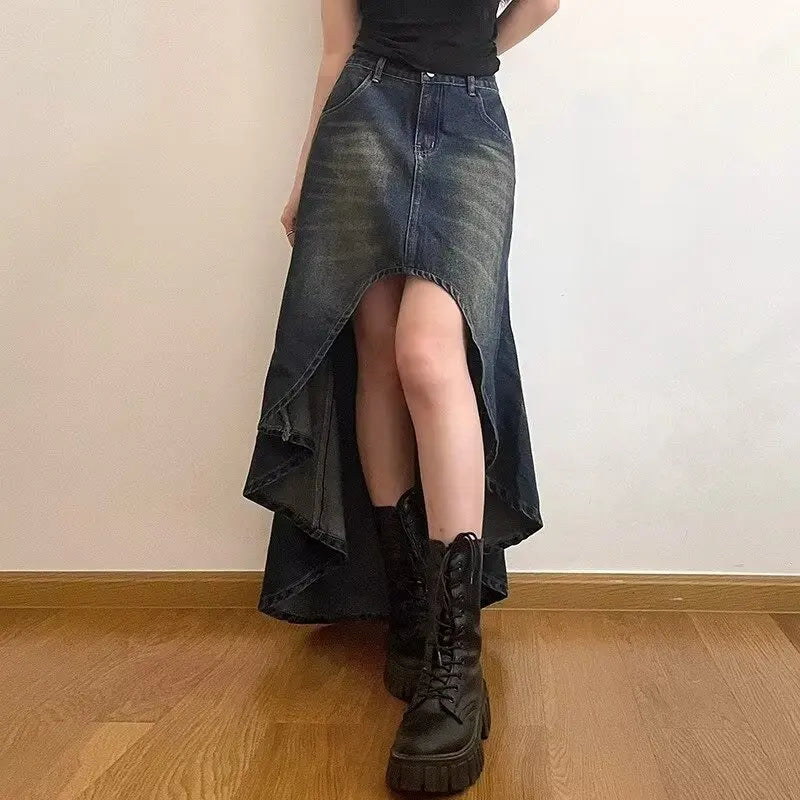 Irregular Vintage Y2K A-Line Denim Skirt for Women - Distressed High Street Hipster Ankle-Length Summer Fashion