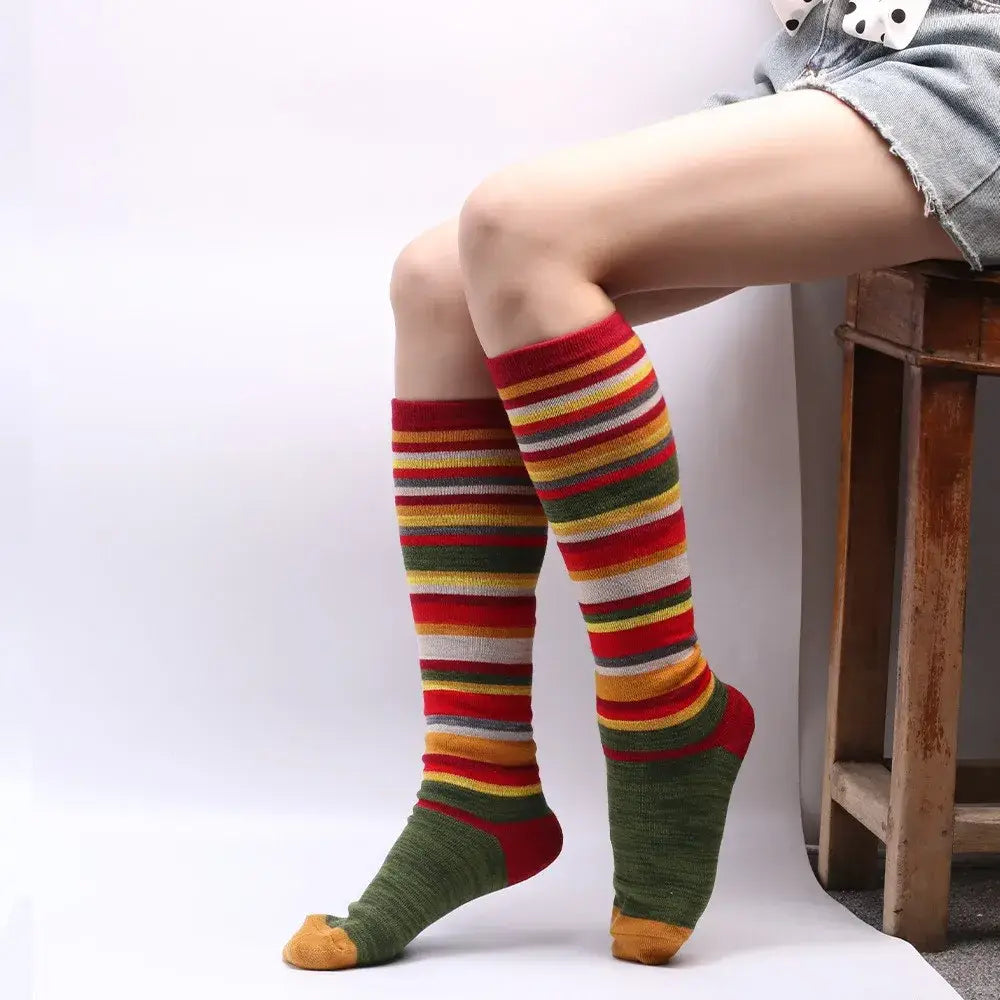 Women’s Boho Socks Ladies Non Binding Gentle Elastic Top Soft Grip Cotton Rich Long Knitted Wool Stockings Under-knee