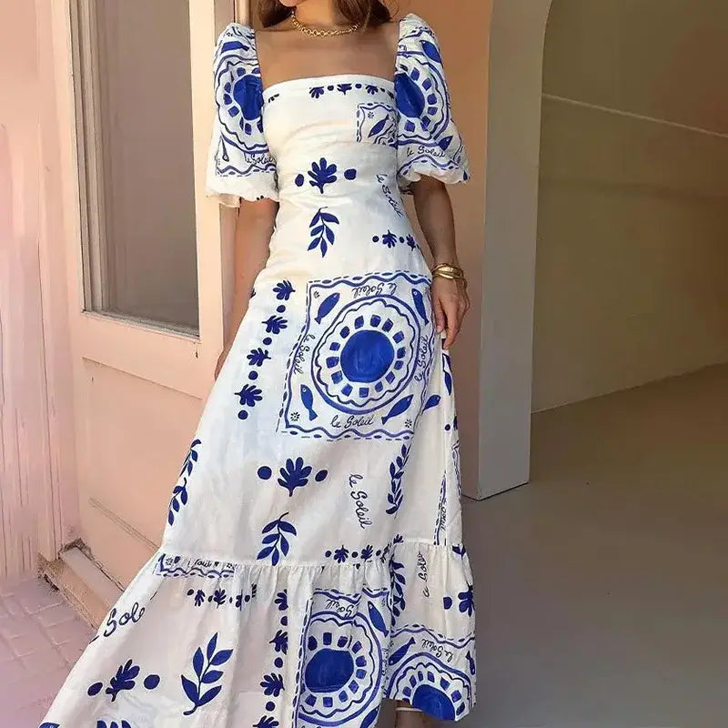 Women Elegant Printed Square Neck Maxi Dress Summer Fashion Short Lantern Sleeve A-line Dresses Female New Vacation