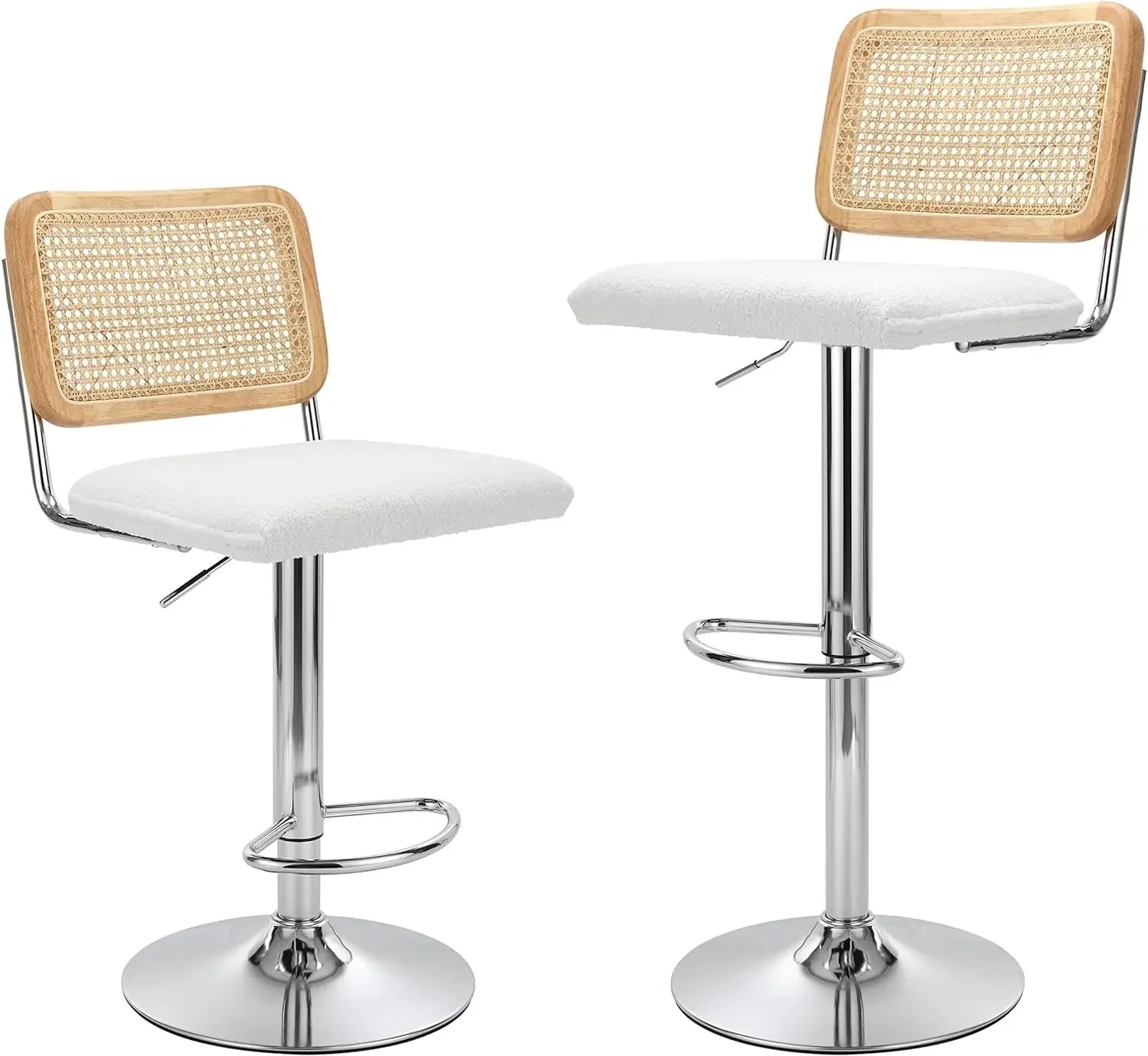 Set of 2 Modern Rattan Bar Stools – Natural Woven Swivel Seat with Adjustable Height, Cane Backrest, and Footrest for Kitchen Island, Home Bar