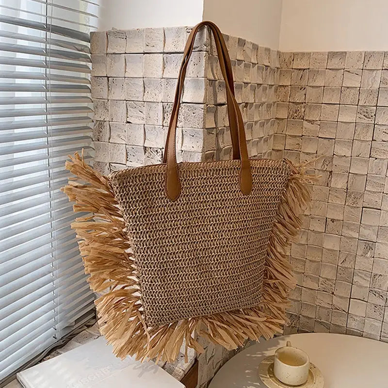 EcoChic Boho Tassel Tote Large Capacity Straw Shoulder Bag for Summer Adventures