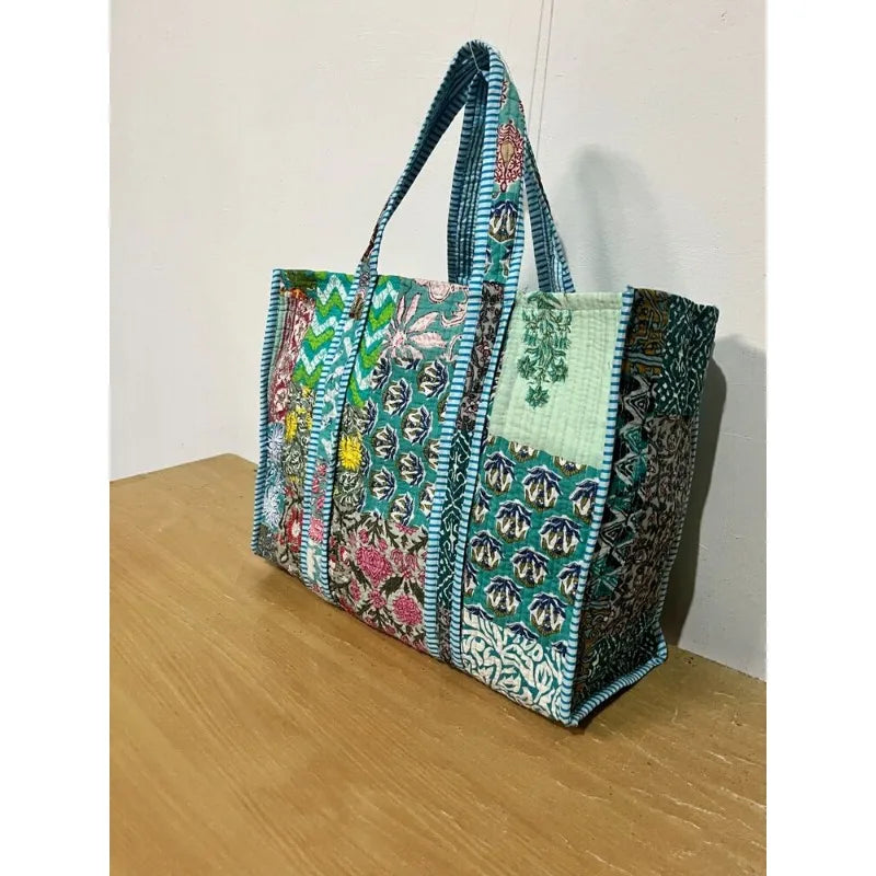 Handmade Indian Turquoise Patchwork Quilted Shoulder Bag – Women’s Cotton Tote Bag