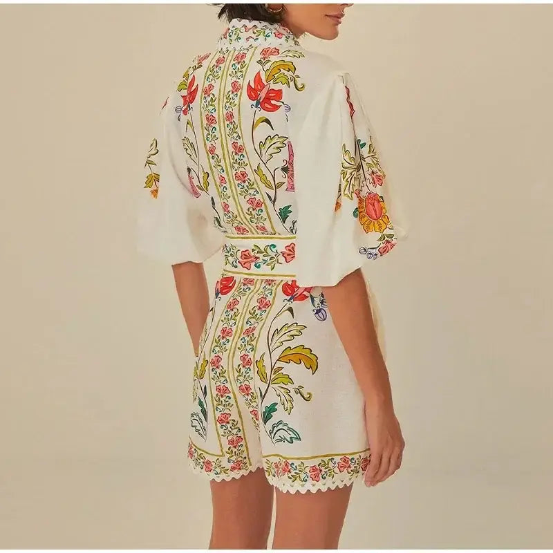 Women Fashion Printed Lace-up Jumpsuit Casual V-neck Puff Short Sleeve High-waist Romper 2024 Summer Lady Elegant