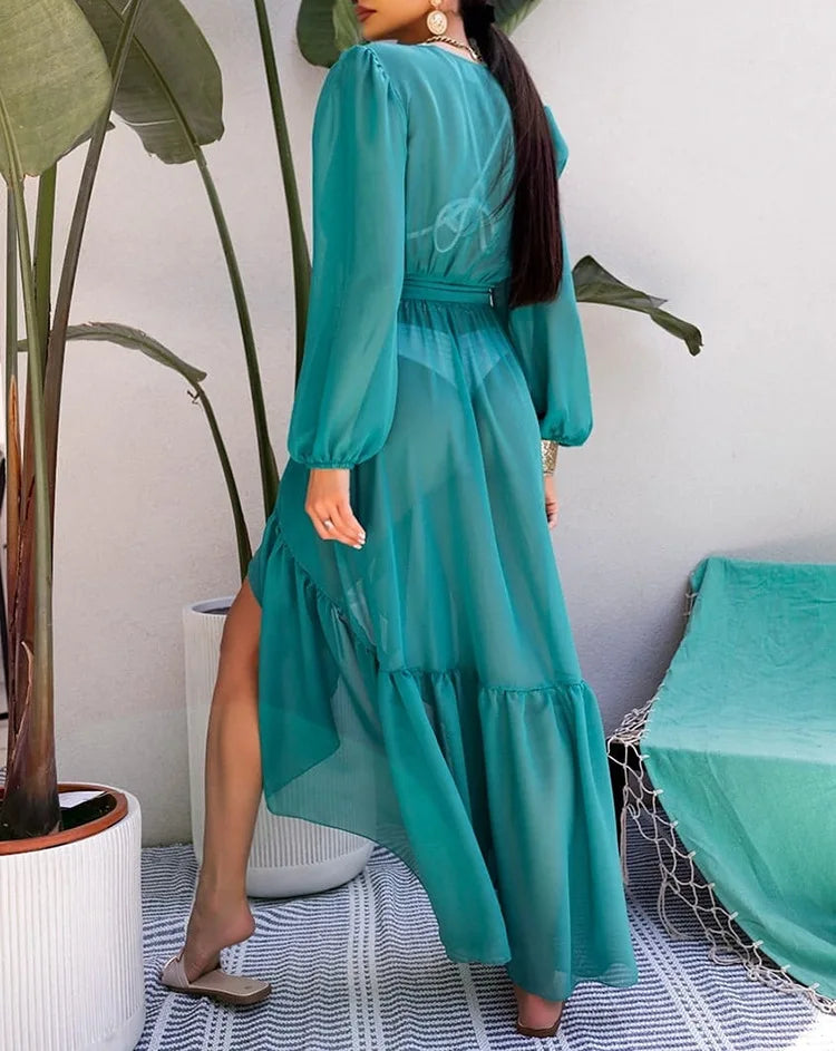 2024 New Lace-Up Bikini Cover-Up Maxi Dress for Women - Solid Long Sleeve Beach Dress