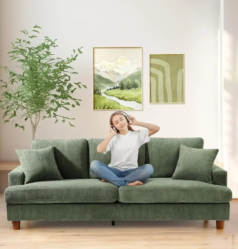 87in Green Sofa Couches Extra Deep Seats Comfy Corduroy Sofas for Living Room Modern Oversized Love Seat with 2 Pillows