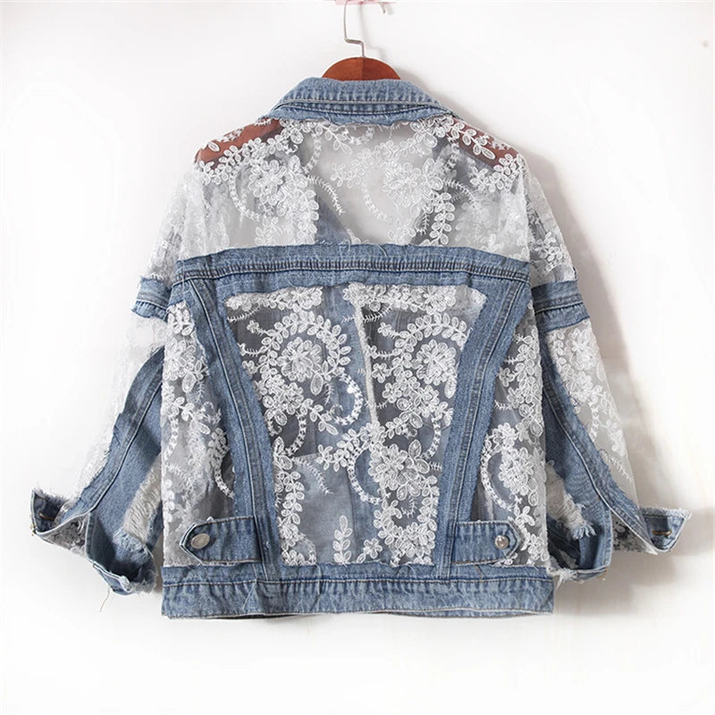 Women's Embroidered Lace Patchwork Denim Jacket - Loose Jean Coat for Summer Streetwear, Casual & Sexy Style