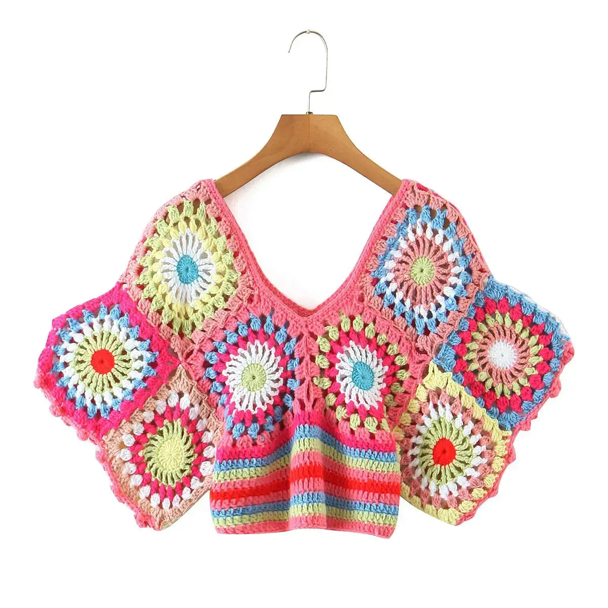 Boho Eco Boutique Women’s Handmade Multicolor Crochet Boho Blouse Sexy Hollow Out Batwing Sleeve Female Crop Top