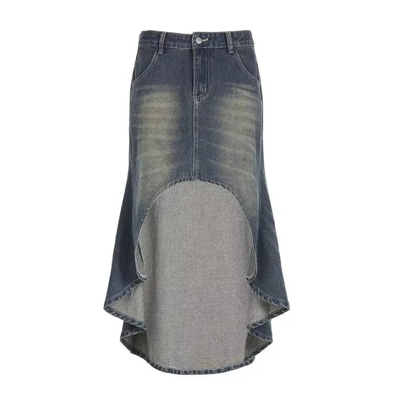 Irregular Vintage Y2K A-Line Denim Skirt for Women - Distressed High Street Hipster Ankle-Length Summer Fashion