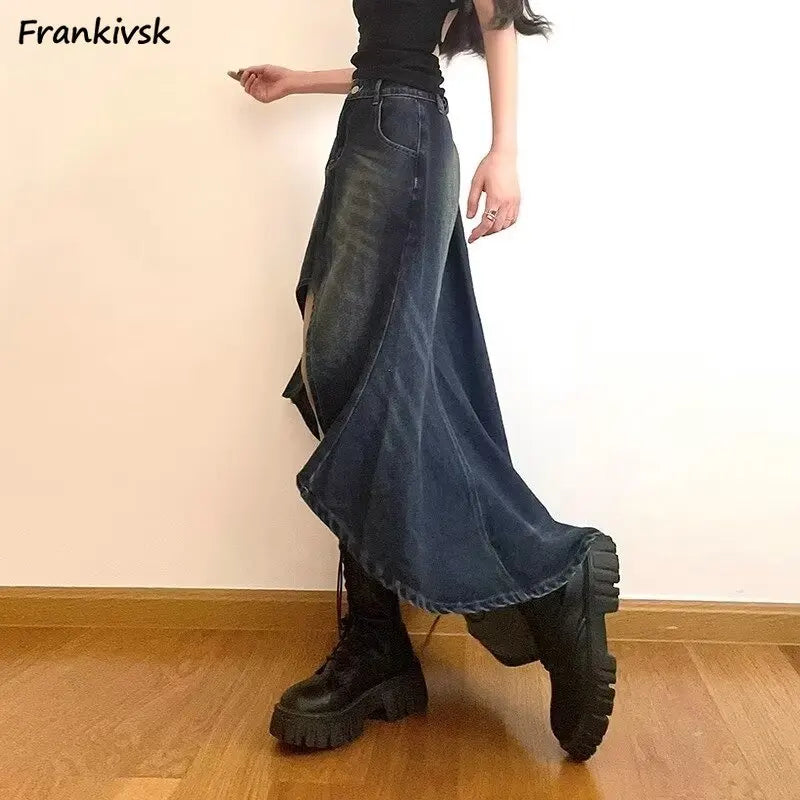 Irregular Vintage Y2K A-Line Denim Skirt for Women - Distressed High Street Hipster Ankle-Length Summer Fashion