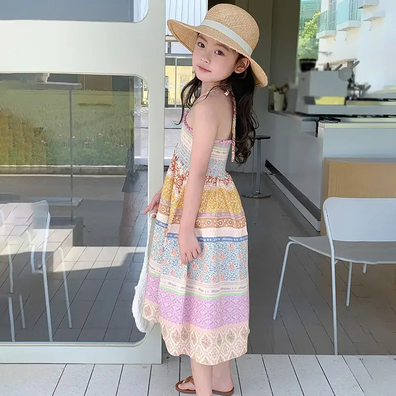 Little Girls Beach Floral Dress Summer Cozy Cotton Smocked Slip Dresses Children Boho Ethnic Style Skirt Toddler