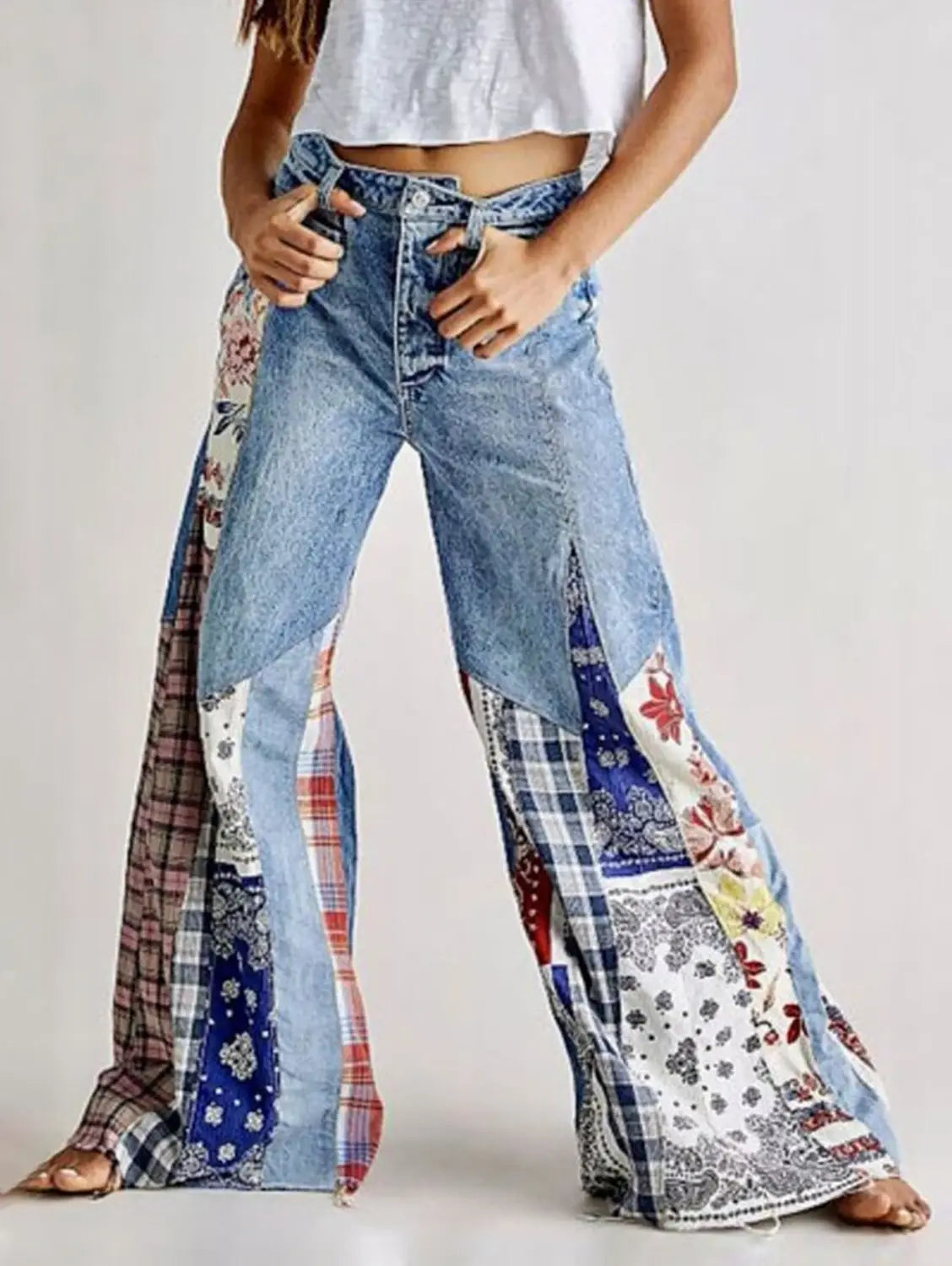 Women’s Spring New Patchwork Denim Big Flare Pants Vintage Zipper Streetwear Pocket Wide Leg Tassels Mid-Waist Jeans