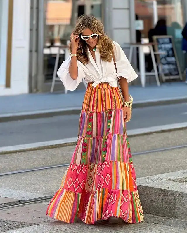 Printed Ruffles A-line Skirt Women Fashion Casual Bohemian Vacation Commuting Style Loose Long Skirts Trendy Female