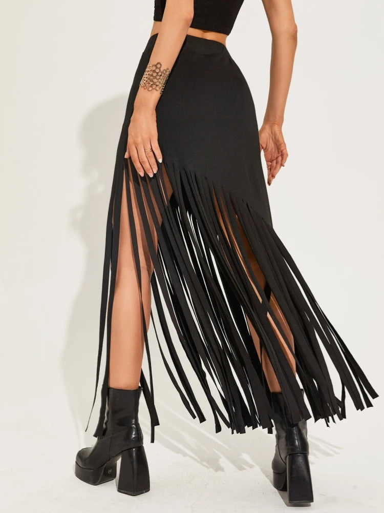 Women's Fringe Bodycon Maxi Skirt - High Waist Tassel Chain Black Long Skirt for Elegant Evening Wear