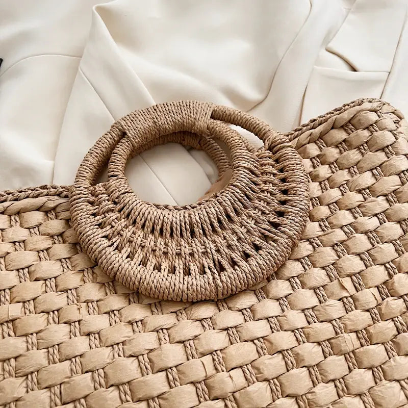 Boho Straw Bag Women Summer Handbag Half Moon Shape Rattan Woven Shopper Bag Large Capacity Beach Bag Vacation Tote Bag