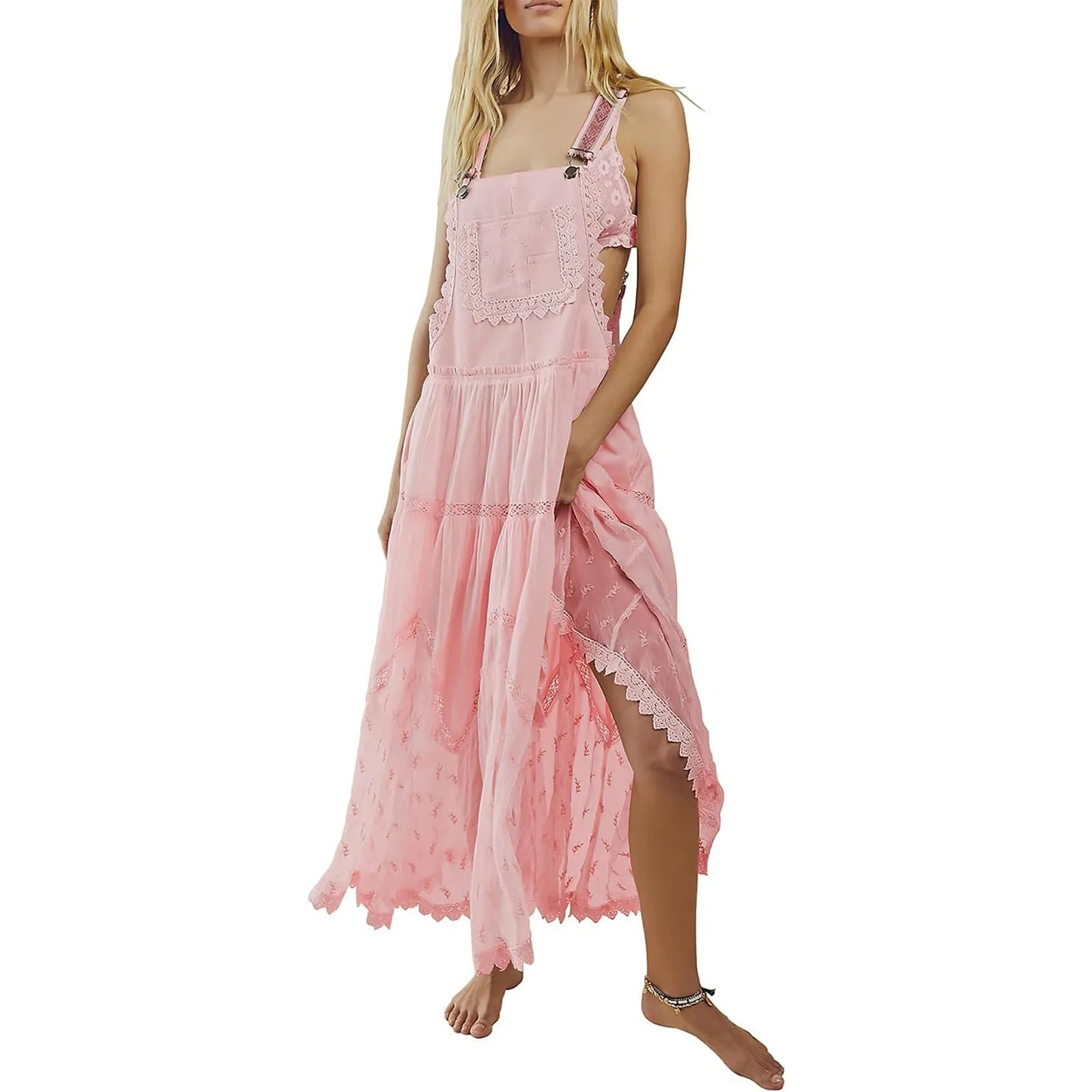 Women's Pink Overalls Ruffles Lace Maxi Dress - Elegant Sleeveless Dress with Delicate Lace Detailing & Flowy Ruffle Design