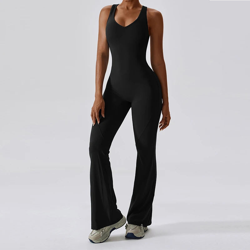 Women's Sexy Back V Jumpsuit - Stretch Fit Yoga Training Suit & Fitness Romper - Athletic Sportswear Bodysuit for Gym & Workouts