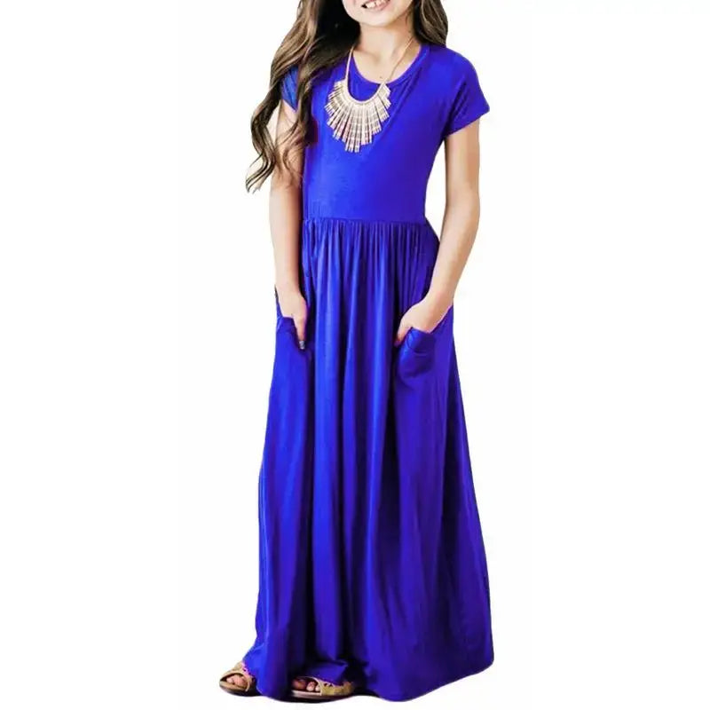 Girls New Solid Color Short Sleeved Long Dress Beach Party Birthday Casual Fashion Show Versatile A-Line Dress