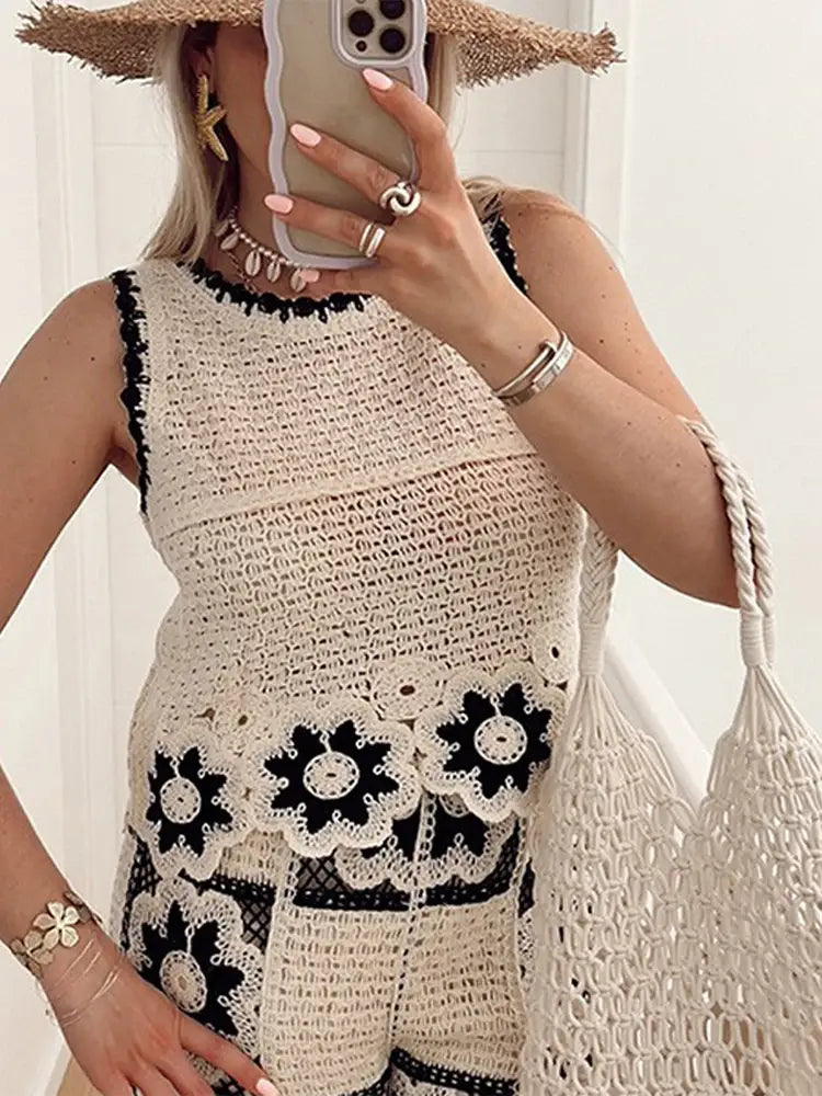 Crochet Flower Knitted Hollow Out Vest Pants Set Sleeveless Top Perspective High Waist Straight Leg Pants Summer Women