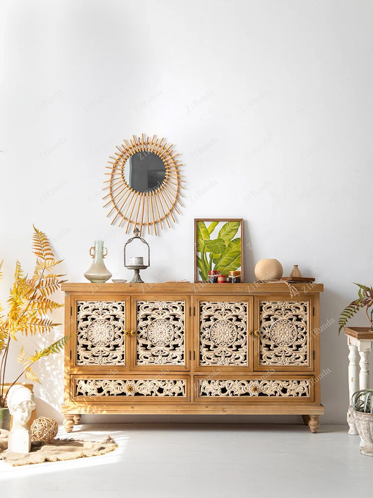 Boho Chic Hand-Carved Wooden Cabinet - Versatile Home Furniture for Buffet, Wardrobe, Side Table, TV Console, or Hutch, Available in Multiple Sizes