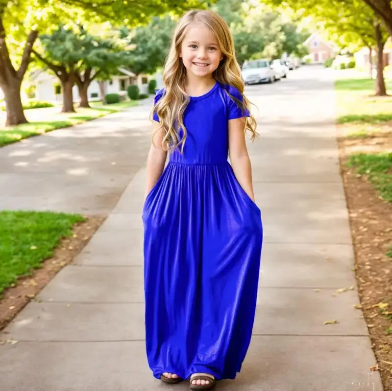 Girls New Solid Color Short Sleeved Long Dress Beach Party Birthday Casual Fashion Show Versatile A-Line Dress