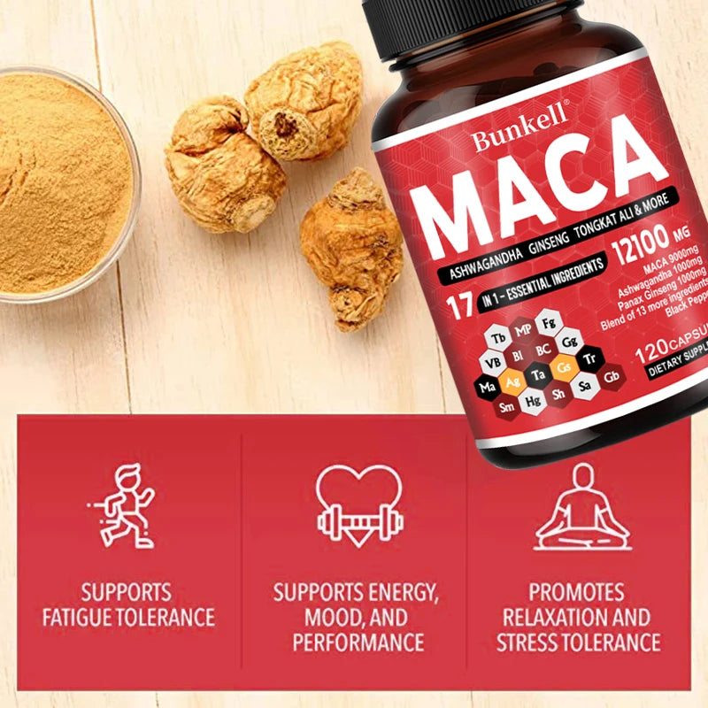 Maca Root Capsules 12100 mg Red, Yellow, and Black Maca for Energy, Vitality, and Athletic Performance