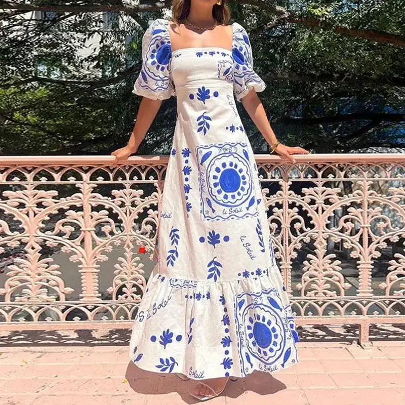 Women Elegant Printed Square Neck Maxi Dress Summer Fashion Short Lantern Sleeve A-line Dresses Female New Vacation