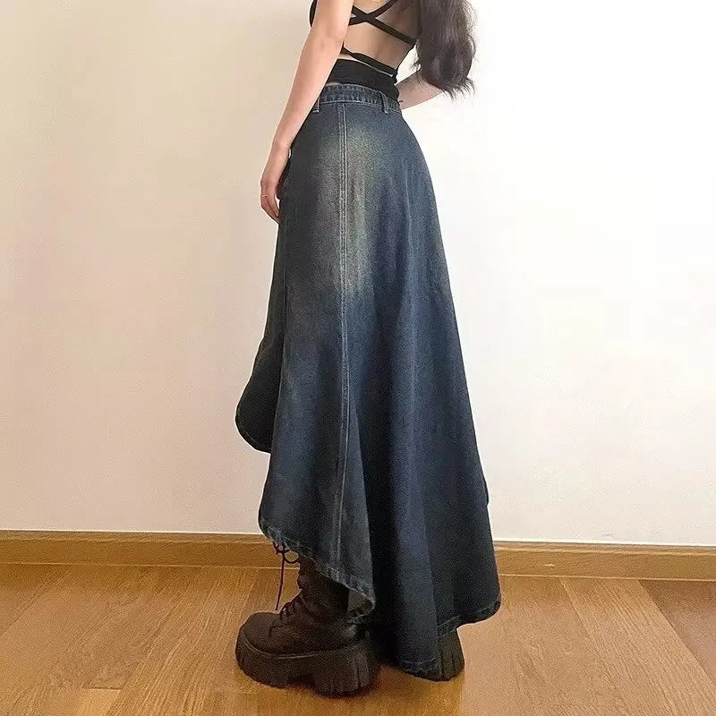 Irregular Vintage Y2K A-Line Denim Skirt for Women - Distressed High Street Hipster Ankle-Length Summer Fashion