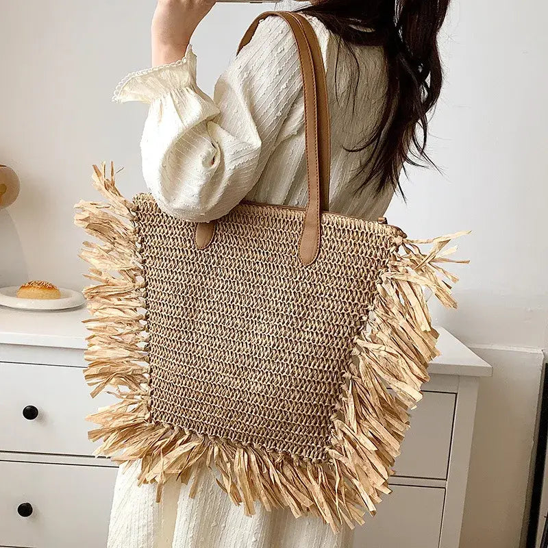 EcoChic Boho Tassel Tote Large Capacity Straw Shoulder Bag for Summer Adventures