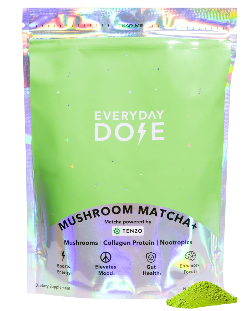 Everyday Dose Mushroom Matcha+ Ceremonial Grade Matcha Powder | Japanese Tea with Grass-Fed Collagen, Lion's Mane, Chaga, L-Theanine | for Better Focus, Energy, Digestion and Immunity | 30 Servings