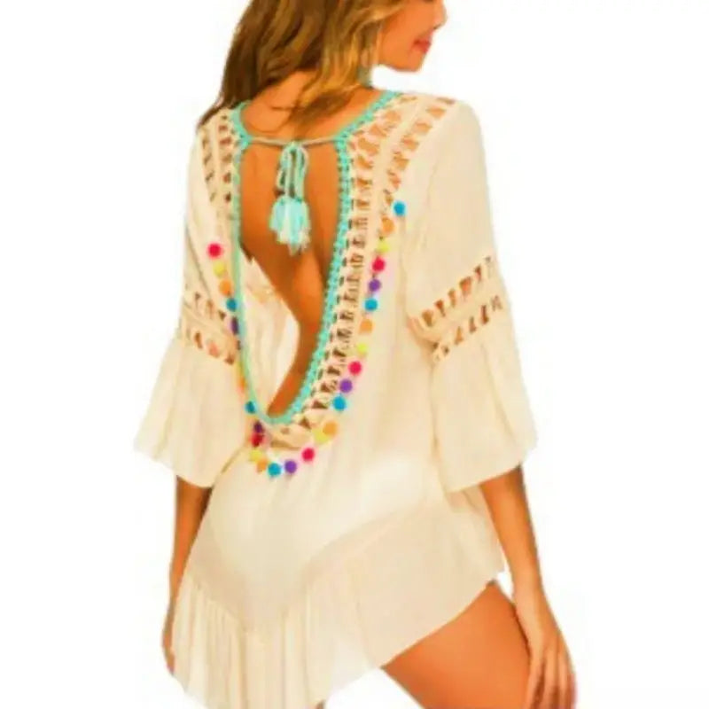 Women’s Summer Trend Short Sleeve Beach Dress Hollow Backless Bikini Cover Up Sexy Ruffle Knit Tassel Holiday Dress